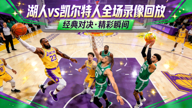 湖人客场对阵凯尔特人的全场录像回放封面，比赛精彩瞬间截图