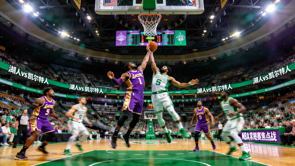NBA常规赛焦点战直播画面，洛杉矶湖人对阵波士顿凯尔特人的比赛现场